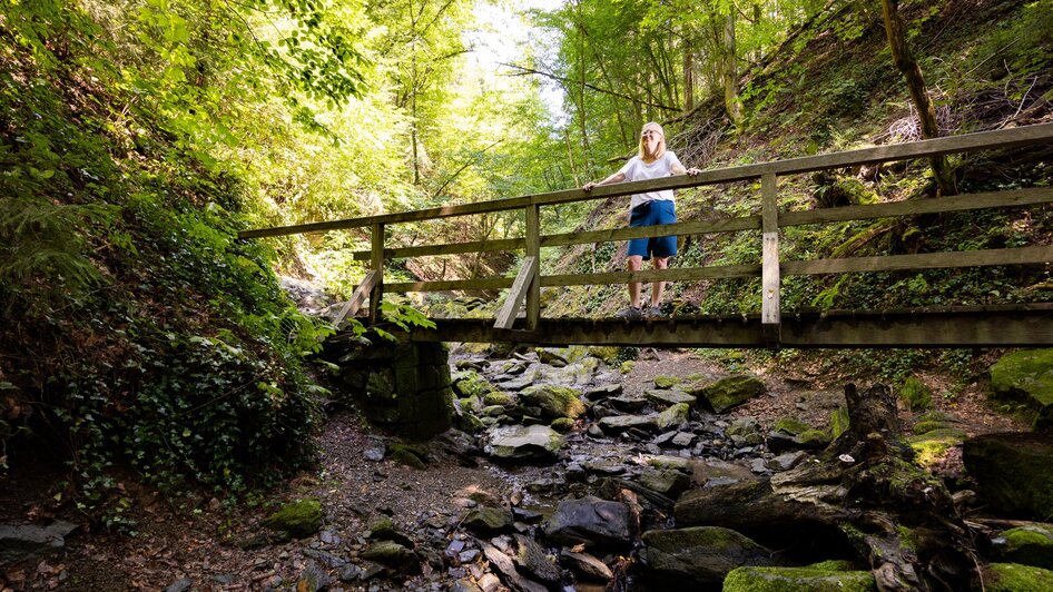 Eine Person steht auf einer Holzbrücke in einer bewaldeten Schlucht.